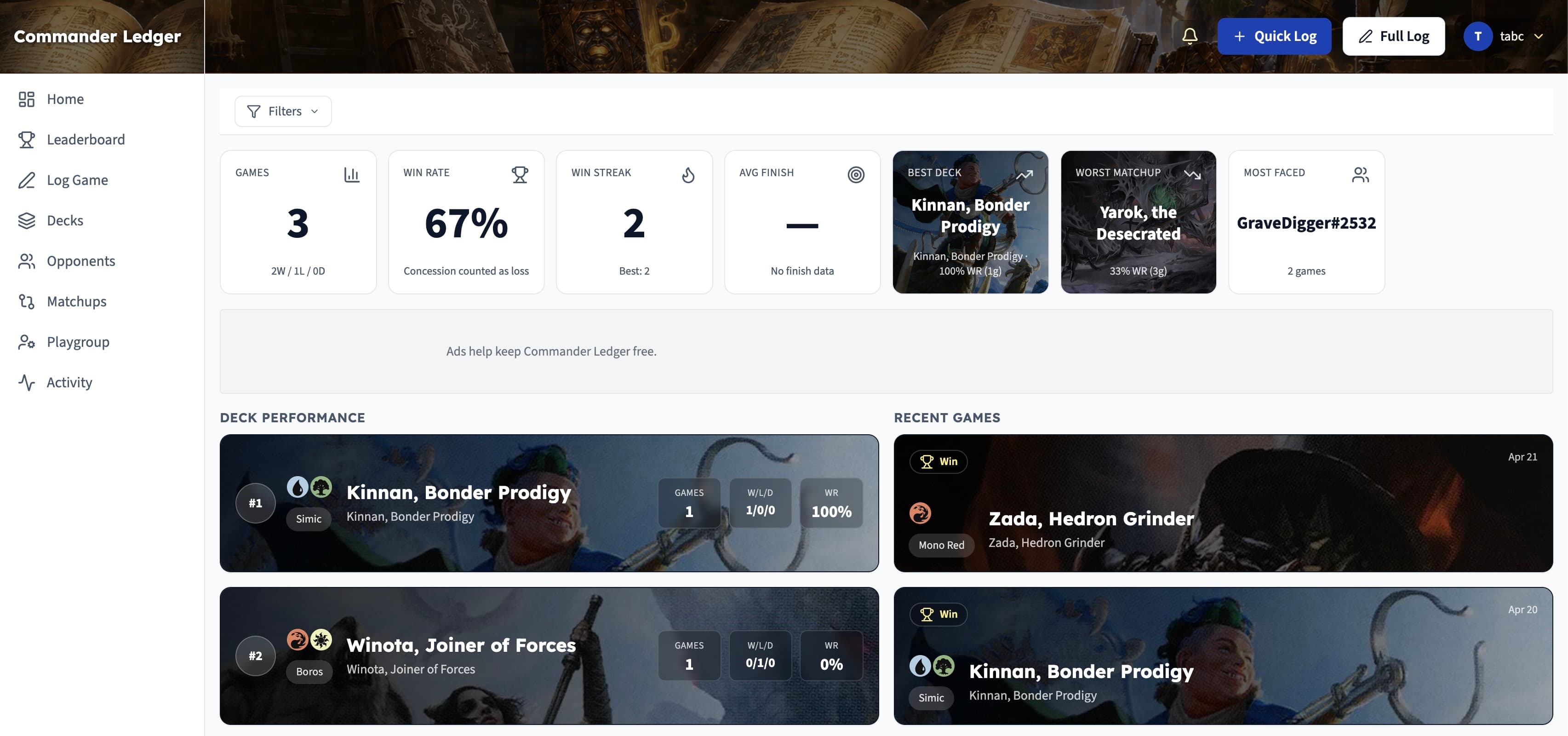 Personal stats with filters and performance overview
